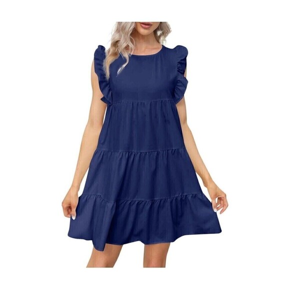 Unbranded Dresses & Skirts - Blue Boho Dress Ruffle Sleeve Round Neck Tiered Layered Mini Size XL Lightweight